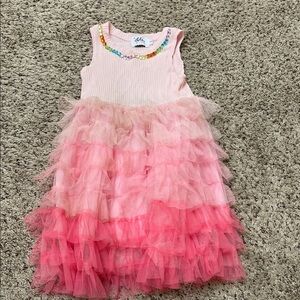 Lola and the Boys Pink Ruffled Tulle Dress with rainbow Beaded Neckline